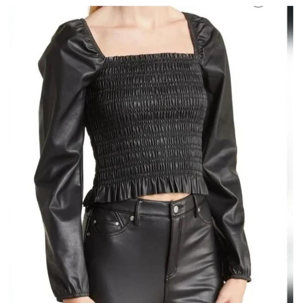 Avec Les Filles Faux Leather Smocked Top~Size LARGE~Black~NWT!!!